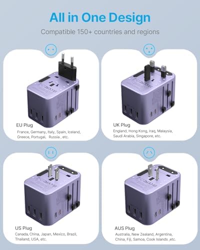 VINTAR Universal Travel Adapter: All-in-One Power Converter with 6 A Output, 3 USB-C and 2 USB Ports for Fast Global Charging Across Europe, UK, USA, and Australia – Essential Travel Accessory for Effortless Device Connectivity and Safety Features