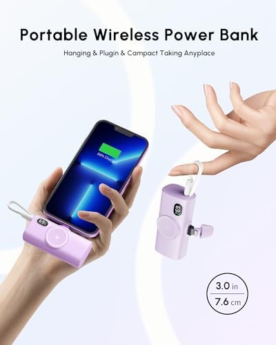 Sleek Purple Wireless Power Bank for Apple Watch & i Phone 14/16 Pro Max – 5000 m Ah Lightweight Fast Charge Charger with USB-C Connectivity for Effortless Travel and On-the-Go Power Solutions