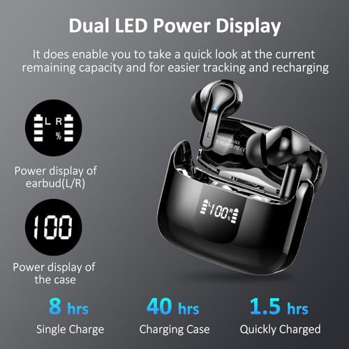 Premium Bluetooth 5.3 Wireless Earbuds with Deep Bass and Enhanced Noise Cancelling – Mini Sport Earphones with 40 Hours Playtime, USB-C Charging Case, and Dual LED Display for Ultimate Connectivity and Sound Clarity