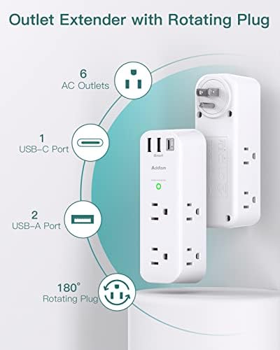 Ultimate Surge Protector and Outlet Extender with 6 AC Ports and 3 USB Charging Options (1 USB-C) – Smart Rotating Power Strip for Home, Office, and Travel – 1800 Joules Surge Defense, ETL Certified for Enhanced Device Protection and Efficiency