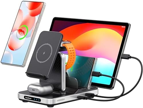 Swan Scout 901 S 5-in-1 Wireless Charging Station for Samsung & More – Ultra-Fast 60 W Multi-Device Charger for Galaxy S25/S24/S23/S22, Galaxy Watch Ultra/7/6/5/4, Galaxy Tab Series, and Wireless Earbuds – Elegant Design with Secure Anti-Slip Placement and Independent 20 W USB-C/A Outputs for Home or Office Use