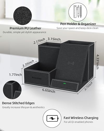 Elevate Your Workspace: Multifunctional Wireless Charger & Desk Organizer with 3 Compartments and Phone Stand – PU Black – Fast Charging & Stylish Office Essential for Maximum Productivity and Organization