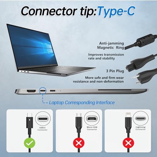 65 W USB-C Laptop Charger for Dell XPS and Latitude – Fast Charging AC Adapter with Enhanced Safety Features for Maximum Compatibility and Performance – Reliable Power Supply for Multiple Models Including XPS 13, 15, Latitude 5420, 7290, and More – Optimal Solution for Home and Office Use