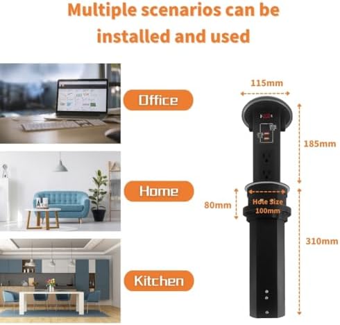 ZESHAN Sleek Pop-Up Power Outlet with 15 W Wireless Charging Station – Dual US Outlets, USB A & USB C PD Fast Charging Ports for Effortless Connectivity at Home or Office – Ideal for Conference Tables and Kitchen Counters, Modern Black Finish