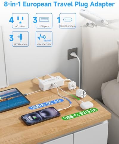 Ultimate European Travel Power Adapter with 20 W PD Fast Charging & Retractable 3 FT USB-C Cable – 4 AC Outlets for Effortless Device Connectivity Across France, Italy, Spain, Turkey, and Ireland – Your Essential US to EU Converter for Seamless Travel Experience
