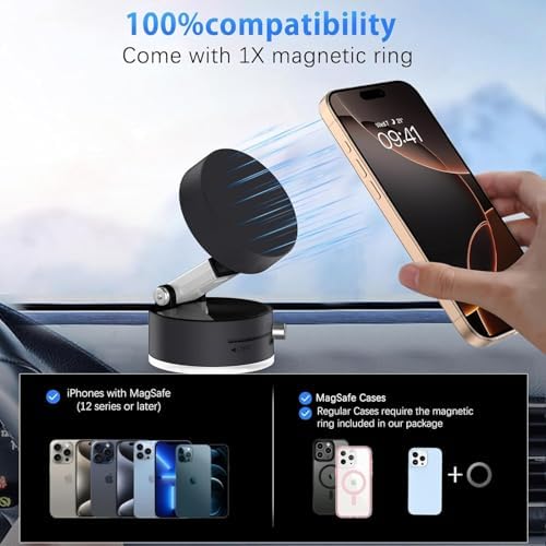 2025 Upgrated Car Phone Holder, Vacuum Suction Magnet Phone Holder for iPhone 16 15 14 13 12 Pro Max Smartphone, Portable Wireless Smooth Surface Metal, Glass, Wall, Mirror & Car Window, Black – Enhanced Compatibility and Speed