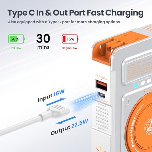 Magnetic 5-in-1 Power Bank with Built-in AC Plug – 10,000 m Ah Mag Safe Battery Pack for i Phone 16/15/14/13/12 Mini, Apple Watch & Air Pods – 22.5 W Fast Wired & 15 W Wireless Charging with 360° Rotating Stand – Effortless Convenience & Advanced Safety Features for On-the-Go Users