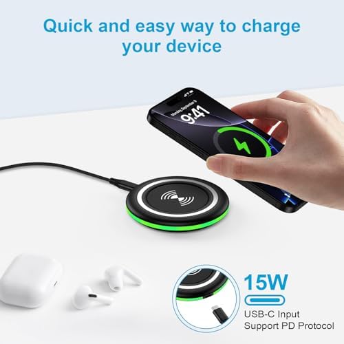 15 W Fast Wireless Charging Pad with QC 3.0 Adapter – Ultimate Charging Solution for Galaxy S25 Ultra, i Phone 16 Pro Max, Pixel 9, and More – Seamless Through-Case Functionality, Enhanced Safety Features, and Non-Slip Design for All Wireless-Enabled Devices – Includes 3.3 ft USB-C Cable for Effortless Connectivity – Perfect for Home and Office Use