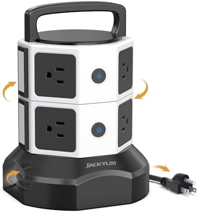 JACKYLED Power Strip Tower Surge Protector with 12 Outlets and 6 USB Ports (2 USB-C) – High-Speed Charging Station with 1050 Joules Protection, 1625 Watts, 6.5 ft Extension Cord for Enhanced Home Office Efficiency and Device Safety