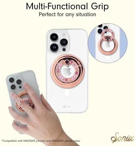 Elevate Your i Phone Experience with the Sonix Magnetic Phone Grip – Stylish Rhinestone Ring Holder for i Phone 12, 13, 14, 15 Series – Effortless 360° Rotation and Secure Mag Safe Compatibility – Sleek Silver/Clear Design for Ultimate Functionality and Fashion