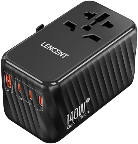LENCENT 85 W Universal Travel Adapter with Retractable USB-C Cable – High-Speed International Plug Converter Featuring 3 Type-C & 1 USB-A Ports for Effortless Worldwide Charging – Your Ultimate Travel Essential for Maximum Compatibility, Fast Charging, and Ga N Technology Efficiency
