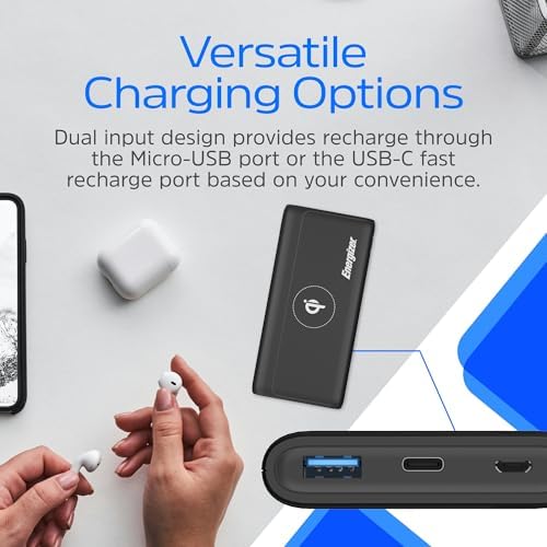 Energizer 10,000 m Ah Wireless Portable Charger – Qi-Certified 10 W & 18 W USB-C Fast Charging Power Bank for i Phone 16/15/14/13/12 Series, Samsung, and Android Devices – Lightweight, Durable, and Dual Charging Solutions for On-the-Go Power Needs
