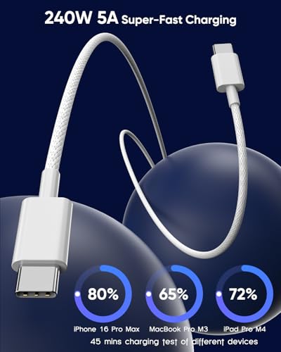 USB C to USB C,240W USB-C Woven Charge Cable,6.6ft 2Pack USB C Cable Fast Charging Cord for Apple MacBook Pro/MacBook Air,iPad Pro/Air,iPad mini,iPhone 16 15 Pro Max Plus Compatible 140W/100W/60W/45W – Enhanced Compatibility and Speed