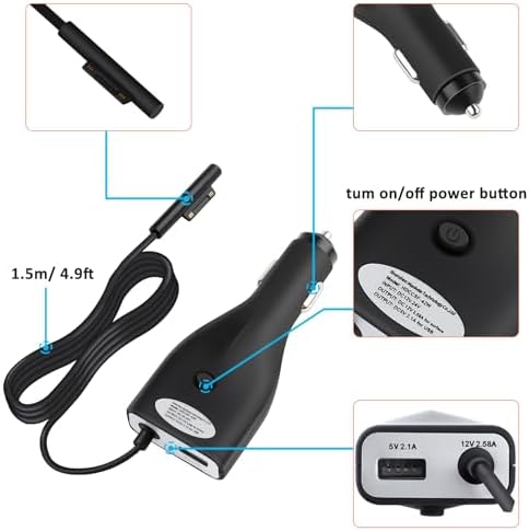 High-Power Surface Pro Car Charger – 42 W 12 V 2.58 A Power Supply for Microsoft Surface Pro 3, 4, 5, 6, Surface Go, Laptop & Surface Book with 5 V 2.1 A USB Fast Charging Port – Ultimate Compatibility & Speed for On-the-Go Professionals