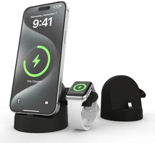 Dual Device Charging Dock for i Phone & Apple Watch – 15 W Fast Charging Station, Silicone Holder for i Phone 14/13/12/Pro/Mini/Pro Max & Apple Watch Series 9/8/7/6/5/4/3/2/SE/Ultra/Ultra2 (Sleek Black) – Ultimate Space-Saving Solution with Enhanced Stability and Quick Access