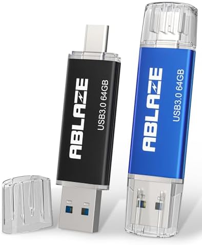 ABLAZE 128 GB Dual USB C Flash Drive 2 Pack – Ultra-Fast USB 3.0 & Type C Compatibility for i Phone 16/15, Android Devices, Laptops & Tablets – Perfect for On-the-Go File Transfers and Data Storage Solutions
