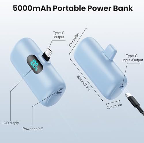 Ultra-Compact 5000 m Ah USB-C Power Bank – Fast Charging Mini Portable Charger with Built-in Connector & LCD Display – Perfect for i Phone 15, i Pad Pro, and Android Devices – Lightweight and Travel-Friendly Power Solution for On-the-Go Connectivity