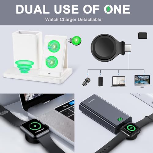 Sophisticated White Leather Pen Holder Desk Organizer with 3-in-1 Wireless Charger for Phone, Earbuds & Watch – Ultimate Desk Accessory for Women, Ideal Birthday Gift for Moms and Professionals – Enhance Workspace Efficiency and Style