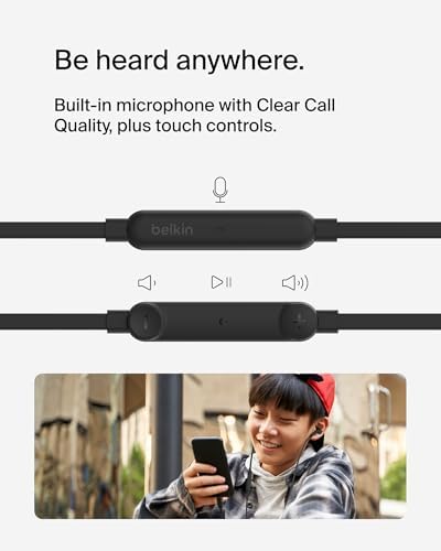 Belkin Sound Form USB-C Wired Earbuds – High-Fidelity In-Ear Headphones with Microphone for i Phone 15/16, i Pad Mini, Galaxy S25, and Google Pixel 9 – Water-Resistant Design and Ergonomic Comfort for Music Enthusiasts and Professionals – Durable Tangle-Free Cable for Everyday Durability and Convenience
