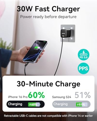 Ultimate 30 W Ga N Dual Port USB-C Travel Charger with Retractable Cable & Foldable Plug – Rapid Charging for i Phone 16 Pro Max, Pixel 9 Pro, Galaxy Devices & Mac Book – Compact Power Solution for On-the-Go Users – Effortless Portability & Efficient Charging Experience
