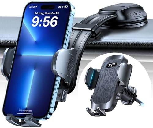 HTU Premium Adjustable Suction Car Phone Holder with Bendable Arm – Ultimate Dashboard and Windshield Mount for i Phone 16, 15, 14, 13, 12 Pro Max (Black) – Secure Grip, 360-Degree Rotation, Enhanced Safety and Usability