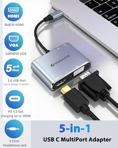 Revolutionize Your Workspace with VELOLINK 5-in-1 USB-C Hub: High-Speed Multi-Port Adapter with HDMI, VGA, USB 3.0, 3.5 mm Audio & 100 W Power Delivery for Effortless Connectivity and Enhanced Productivity