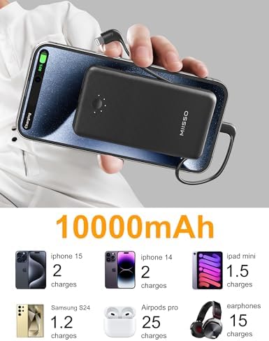 miisso Ultra Slim 10000 m Ah Portable Power Bank with Built-in Cables and Foldable Wall Plug – Compact USB-C Charger for i Phone, Samsung, i Pad & More – Perfect Travel Companion for On-the-Go Charging Efficiency