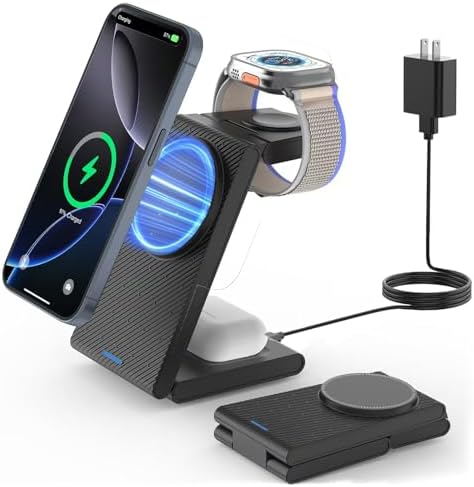 Magnetic Wireless Charging Station for i Phone 15/14/13/12 Pro Max & Apple Devices – Joy Geek 3-in-1 Fast Charger Pad for i Phone, Apple Watch Ultra 9-2, and Air Pods – Compact Design with Enhanced Compatibility and Secure Magnetic Alignment