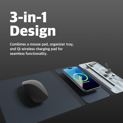 Enhance Your Workspace Efficiency with the POUT H3 Split Wireless Charging Mouse Pad – Fast Qi Charger for Seamless Device Power, Magnetic Alignment for Precision Use, Premium Anti-Slip Surface in Elegant Midnight Blue – Perfect for Smartphones and Earbuds – Elevate Your Productivity with Style and Functionality