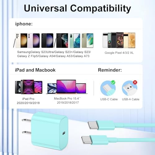 Ultimate 20 W Fast Charging Solution: 10 Ft i Phone 15 Charger with 3 Durable USB-C Cables & Dual Wall Adapters – Compatible with i Phone 15/15 Pro/Pro Max, i Pad Pro, Air Pods, and Samsung Devices for Rapid Power-Up and On-the-Go Convenience