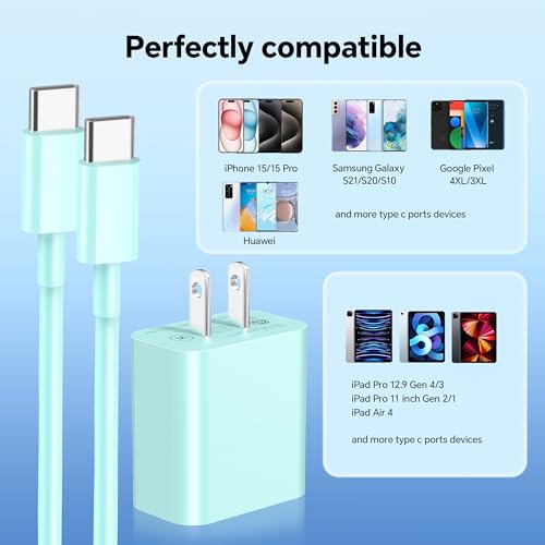 20 W High-Speed Charging Duo: Dual USB-C Charger Blocks with 6 FT Durable Cable for i Phone 16/15 Pro Max, i Pad Pro, Samsung S23 & Android Devices – Stylish Blue Power Solution with Enhanced Safety Features