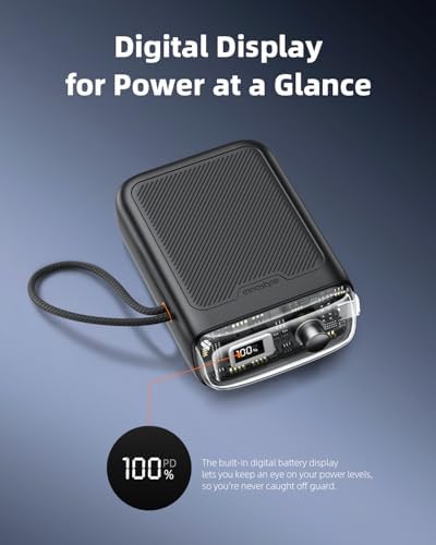 Compact 30 W Retractable USB-C Power Bank with Fast Charging – Sleek Dual Charging Battery Pack for i Phone 15, Android Devices & Laptops – Integrated 60 cm Cable & LCD Display for Ultimate On-the-Go Power Solutions