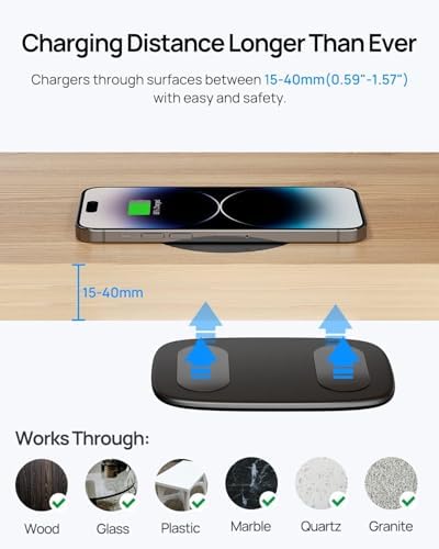 KPON Invisible Wireless Charger Desk Mat – 40 MM (1.57″) Qi-Compatible Charging Pad for i Phone 16/15/14/13/12, Samsung, Google Pixel & LG Phones – Sleek Hidden Charging Solution with Fast Adapter for Clutter-Free Workspaces