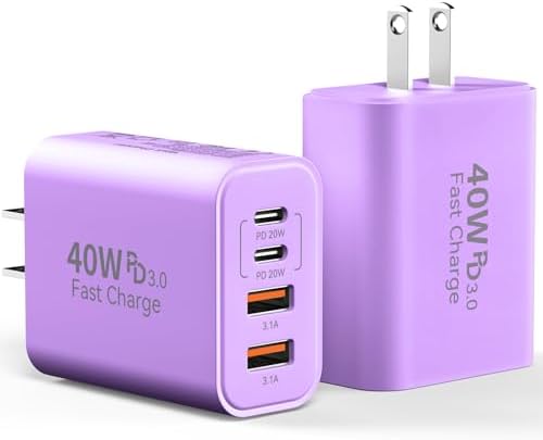 40 W USB C Charger Block – Dual Pack of 4-Port Fast Charging Power Bricks with PD & QC 3.0 Technology for i Phone 16/15/14/13/12/11 Pro Max, i Pad, Galaxy, Pixel – Sleek White & Blue Design for Convenient Multi-Device Charging