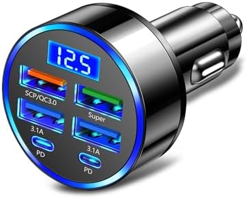 Maximize On-the-Go Charging Efficiency with the 6-Port Fast Car Charger Featuring Real-Time Voltage Monitoring and Dual PD/QC3.0 Technology – Ideal for i Phone 13/14/15 & Most Android Devices – Essential Travel Companion (2 Pack)