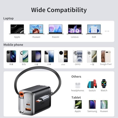 Mcdodo 67 W Ga N USB C Charger Block with Retractable Type-C Cable – Dual Port Fast Charging for i Phone 16/15, Galaxy, i Pad, and Mac Book – Compact, Foldable Design for Ultimate Portability and Enhanced Efficiency