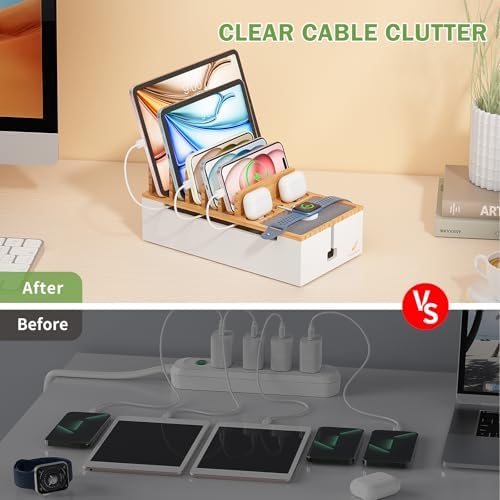 Pezin & Hulin Eco-Friendly Bamboo Cable Management Box – Sleek Desktop Organizer with 6 Cables for Tidy Charging Station, Stylish Wire Organizer for Electronic Devices, Enhances Workspace Efficiency and Aesthetics