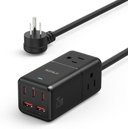 NENJI 75 W Ga N USB-C Super Fast Charging Station – 8-in-1 Power Strip with 5 USB Ports & 3 AC Outlets for Ultimate Device Compatibility – Smart Charging Technology for i Phone, Samsung, i Pad, Mac Book – Compact Travel-Friendly Design for Home or Office Use – Optimize Your Charging Efficiency and Speed