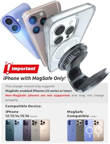 eSamcore for Magsafe Car Mount Charger, Wireless Magnetic Car Phone Holder Detachable 15W Fast Charging for Dashboard with Bendable Aluminum Arm Only Fit iPhone 16 15 14 13 12 Pro Max Mini – Enhanced Compatibility and Speed