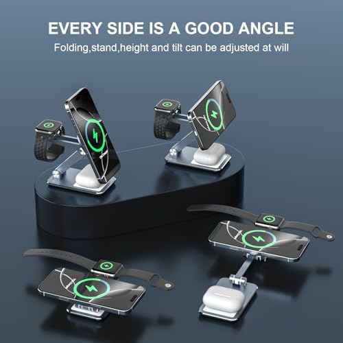 Premium 3-in-1 Foldable Wireless Charging Station for Apple Devices – Aluminum Magnetic Charger Stand for i Phone, Apple Watch & Air Pods | Portable Travel Dock with 20 W PD Adapter & 5 ft USB-C Cable for Enhanced Compatibility & Rapid Charging | Ideal Gift for Tech Enthusiasts