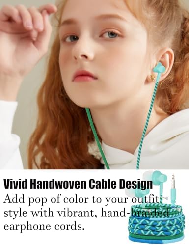 Vividly Handcrafted Kids Earbuds with Microphone – Playful Bracelet-Inspired Aesthetics for School and Leisure, Tailored Small Ear Tips for Ultimate Comfort, Ultra-Lightweight with Backpack Attachment – Resilient Audio Solution for Young Audiophiles (Green-Blue Woven)
