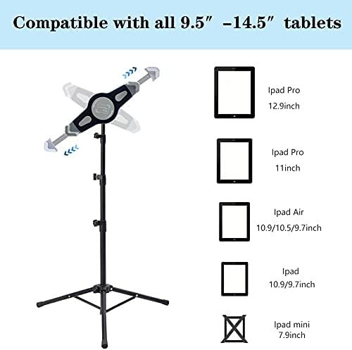 Professional Height Adjustable i Pad Tripod Stand – 360-Degree Rotating Holder for i Pad Pro 12.9, i Pad Air & 9.5-14.5 Inch Tablets – Ideal for Content Creation, Presentations & Remote Work – Lightweight, Sturdy Design for On-the-Go Convenience