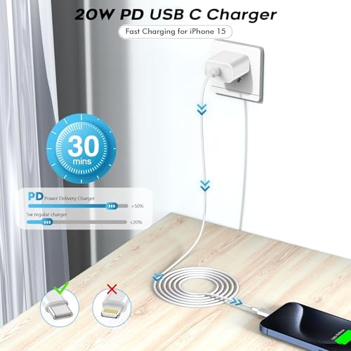 10-Foot Ultra-Fast i Phone Charging Cable 3-Pack with USB-C PD Wall Charger – Exceptional Compatibility for i Phone 14/13/12/11 Pro Max/XS Series – Durable Lightning Cable Solution for On-the-Go Charging Convenience and Rapid Power Delivery
