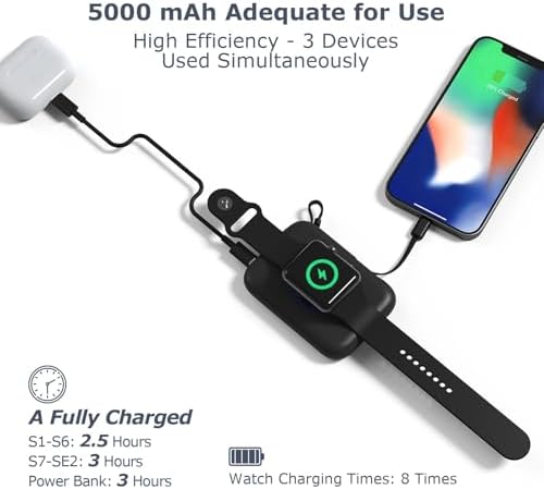 Ultimate 3-in-1 Wireless Watch Charger Power Bank: 5000 m Ah Portable Travel Charger with Dual USB-C Cables – Rapid Charging for Apple Watch Series 1-9 & i Phone 15/Samsung – Lightweight Design with Advanced Safety Features for Hassle-Free On-the-Go Charging