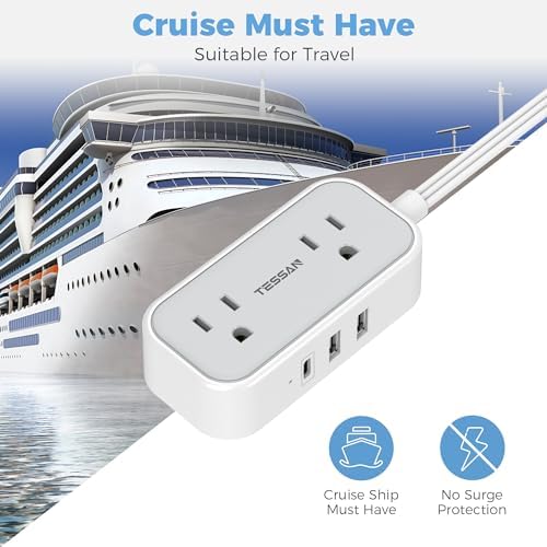 TESSAN 10 FT Flat Plug Extension Cord – Compact Power Strip with 3 Fast-Charging USB Ports (1 USB-C) & 2 AC Outlets – Ideal Multi-Device Charging Station for Dorm Rooms, Home Offices, and Cruise Travel – Sleek Gray Design for Space Efficiency and Modern Aesthetics