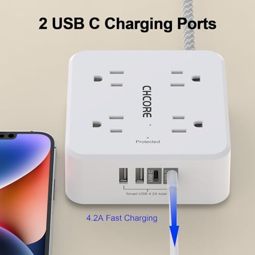 CHCORE 5 Ft Surge Protector Power Strip – 8 Outlet Power Hub with 4 USB Ports (2 USB-C) for Rapid Charging, Flat Plug Design for Space-Saving Convenience in Home and Office, ETL Certified for Enhanced Safety and Performance
