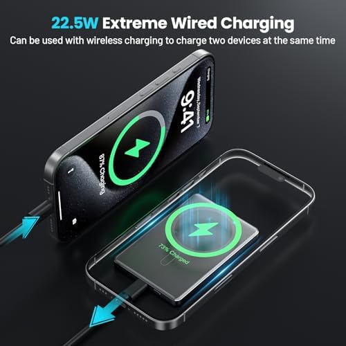 Ultra-Slim 5000 m Ah Magnetic Power Bank with Built-In USB-C Cable – 22.5 W Fast Charging Solution for i Phone 16/15/14/13, Samsung Galaxy, and Android Devices – Lightweight Design, Smart Thermal Regulation, and Universal Compatibility for Effortless On-the-Go Charging