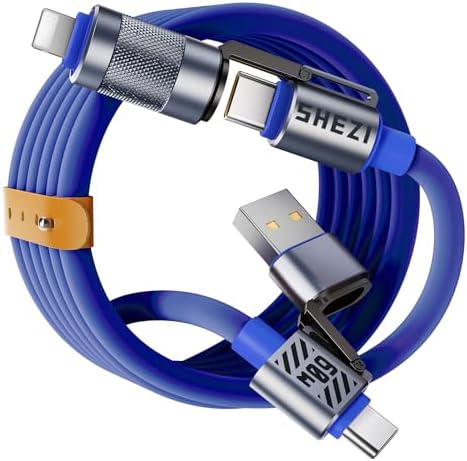 Ultimate 240 W SHEZI 4-in-1 USB C Charging Cable: Fast Charging & 480 Mbps Data Sync, Multi-Device Compatibility with L-Type, Type C, USB A Ports – 5 ft Stylish Pink Design for Enhanced Performance and Portability