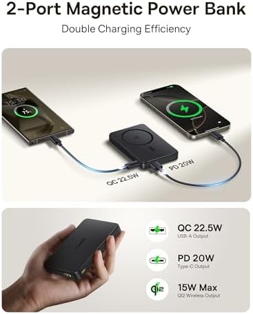 Baseus Magnetic Portable Charger for i Phone – 5,000 m Ah Qi2 Certified Wireless Power Bank with 15 W Mag Safe Compatibility & 20 W USB-C Fast Charging for i Phone 16/15/14/13/12 – Sleek, Lightweight Design for On-the-Go Power Solutions