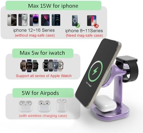 Premium 3-in-1 Magnetic Wireless Charging Station for i Phone, Apple Watch & Air Pods – Fast 15 W Charging with Ultra-Strong N52 Magnets for Secure Hold, Adjustable Stand & Smart Cooling Technology – Sleek Gray Design for Home & Office Use